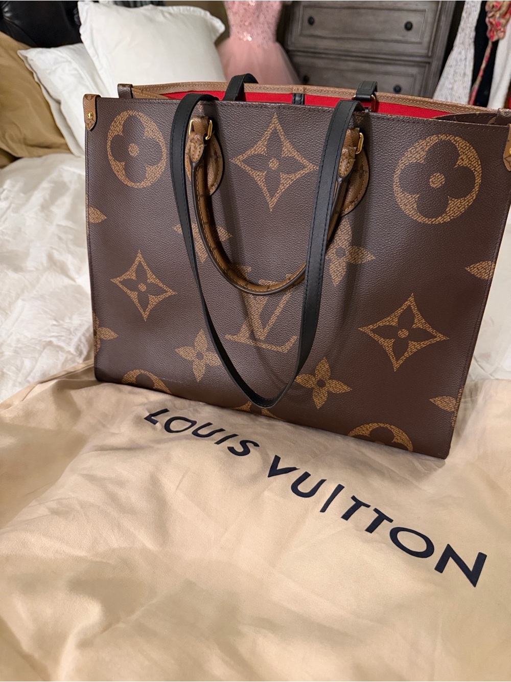Louis Vuitton Monogram Canvas Tote with Black Straps and Red Interior - Picture 1 of 12